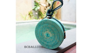 circle rattan bags long handle leather turquoise
